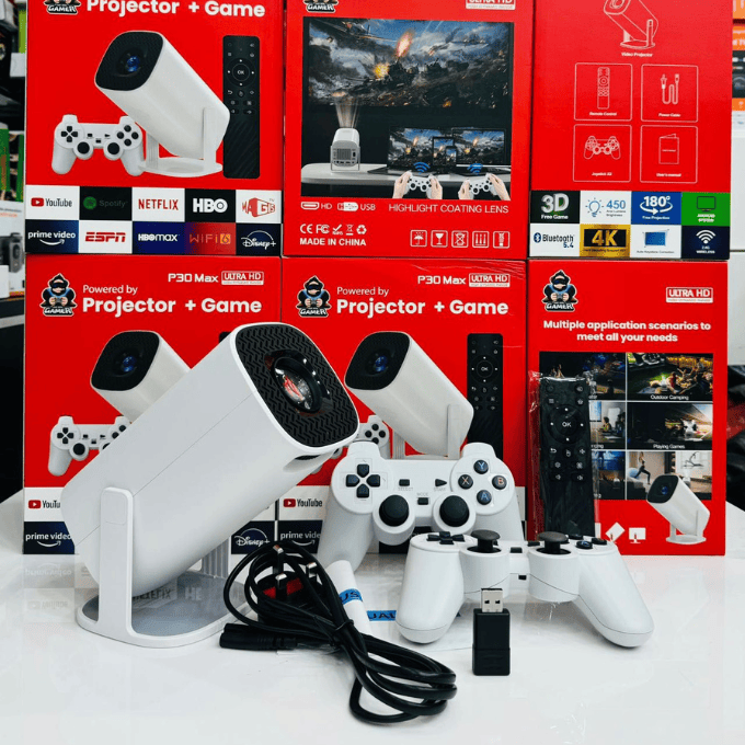 BabiShop225 Projecteur 4K Gaming & Cinéma – Console intégrée + Manettes sans fil
