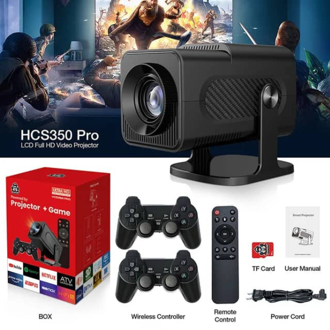 Projecteur 4K Gaming &amp; Cinéma – Console intégrée + Manettes sans fil