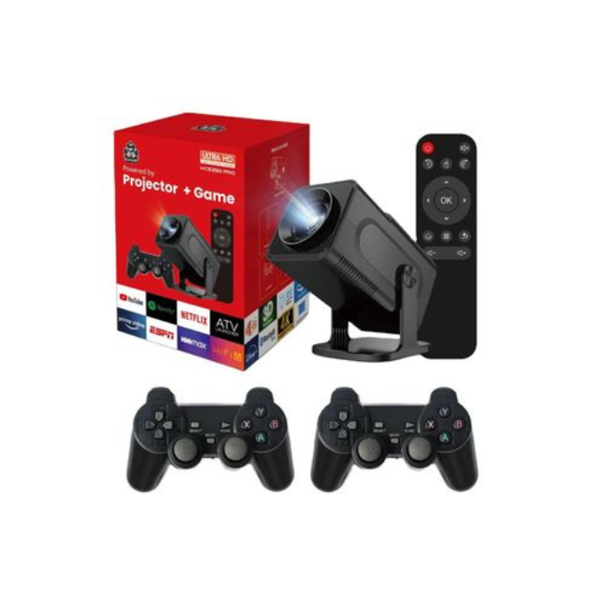 Projecteur 4K Gaming & Cinéma – Console intégrée + Manettes sans fil