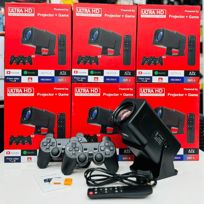 BabiShop225 Projecteur 4K Gaming &amp; Cinéma – Console intégrée + Manettes sans fil