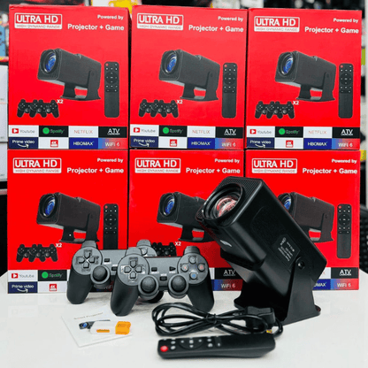BabiShop225 Projecteur 4K Gaming &amp; Cinéma – Console intégrée + Manettes sans fil